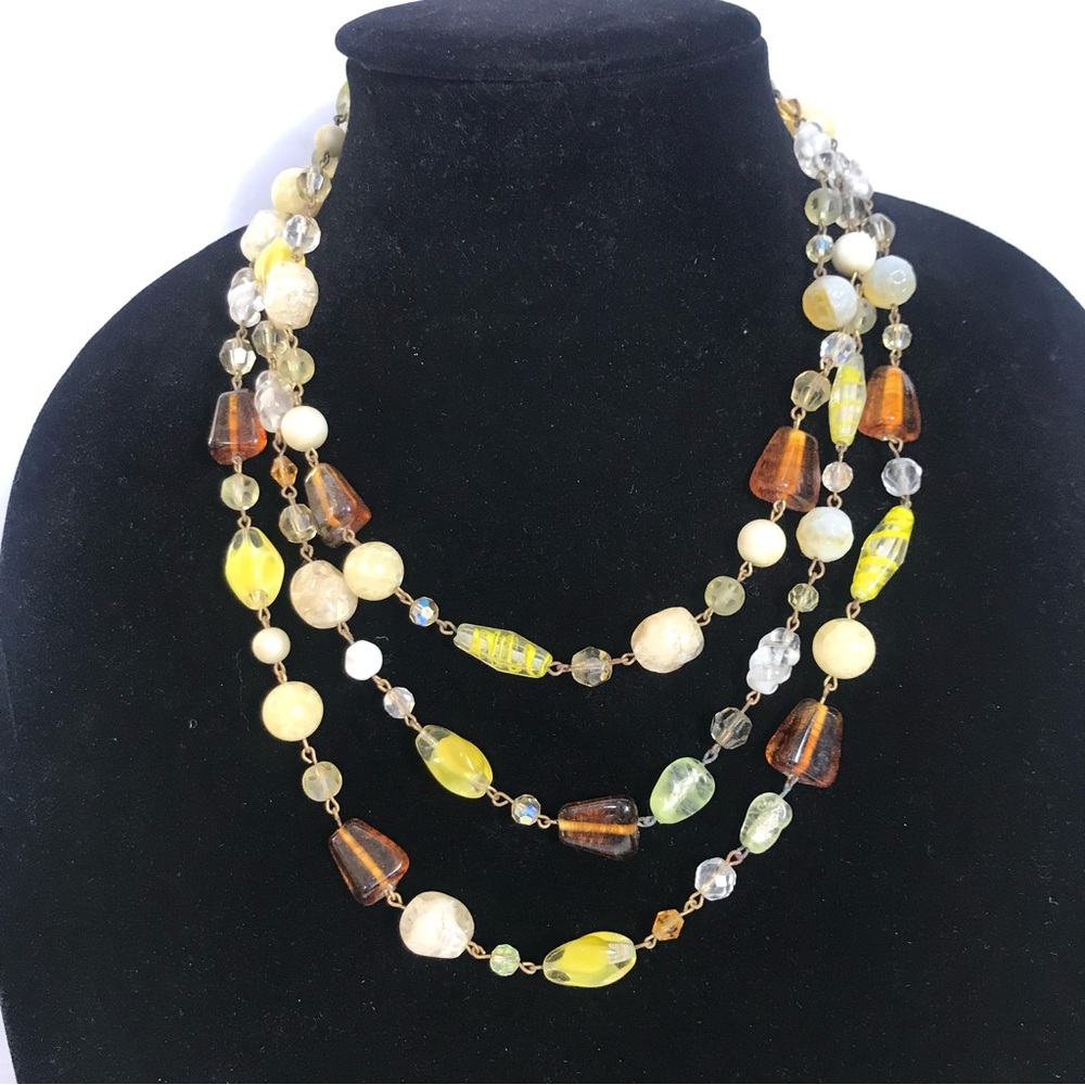 Vintage 50s Yellow Brown White Root Beer Multi Strand Beaded Necklace 3-strand
